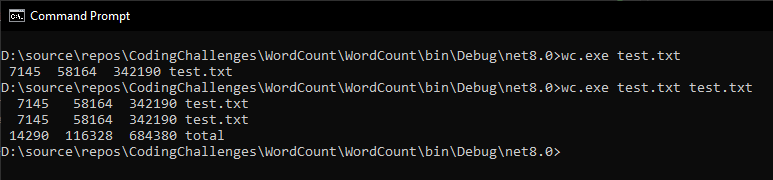 screenshot of cmd call of wc tool with test.txt